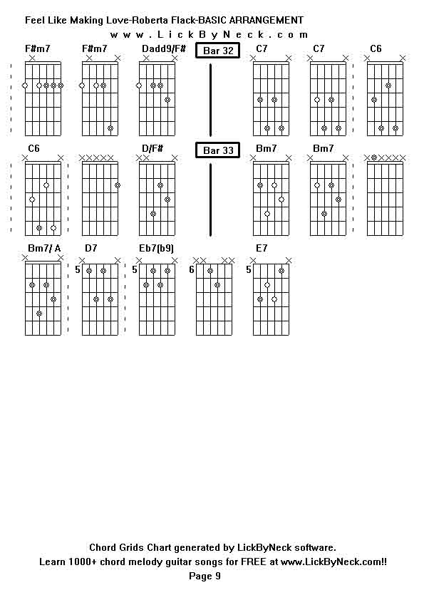 Chord Grids Chart of chord melody fingerstyle guitar song-Feel Like Making Love-Roberta Flack-BASIC ARRANGEMENT,generated by LickByNeck software.